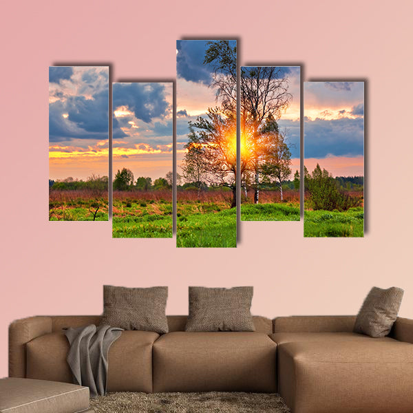 Landscape with colorful sunset in summer field multi panel canvas wall art