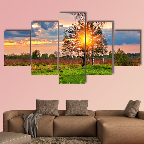 Landscape with colorful sunset in summer field multi panel canvas wall art