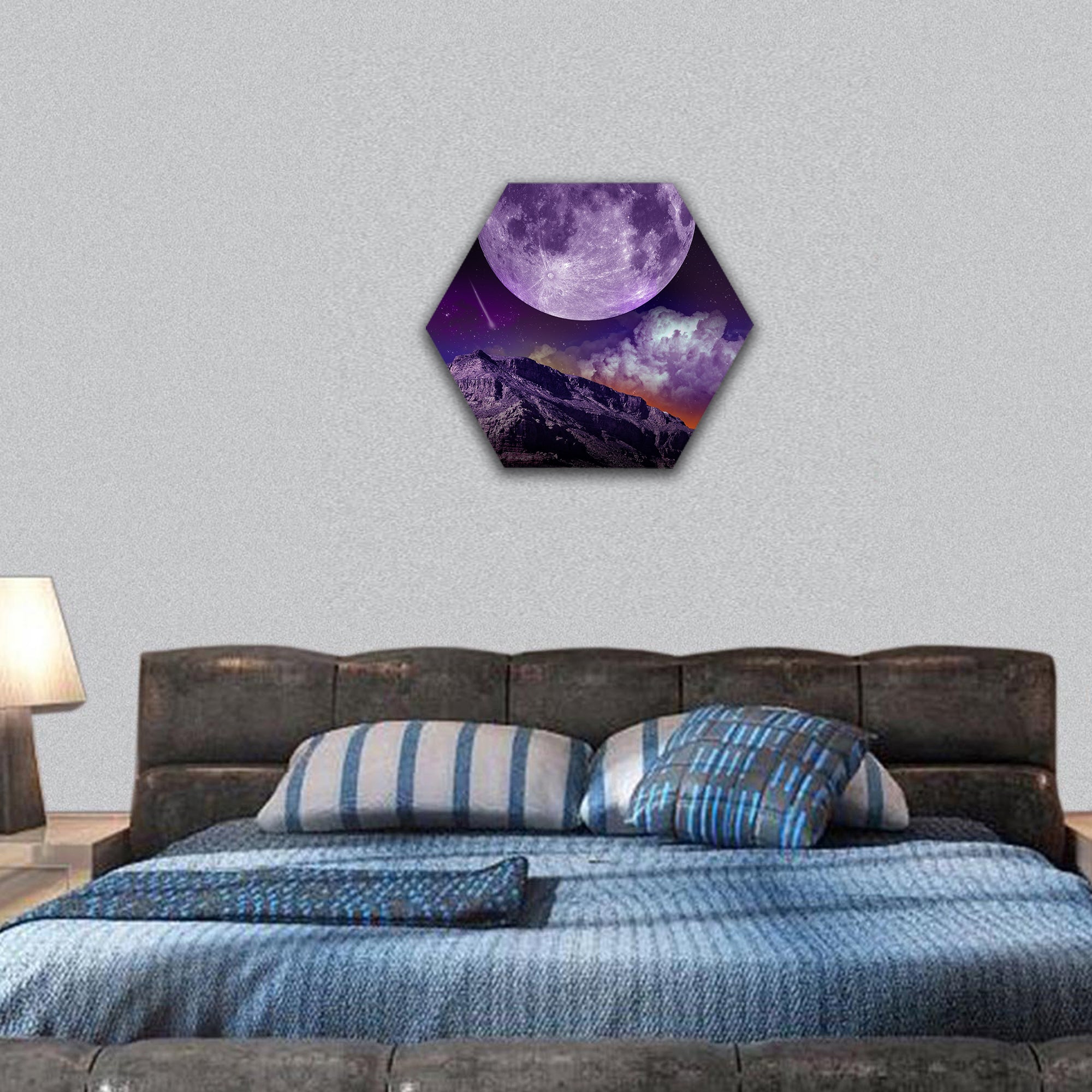 Earth-Space Composition with Large Moon and Comets hexagonal canvas wall art