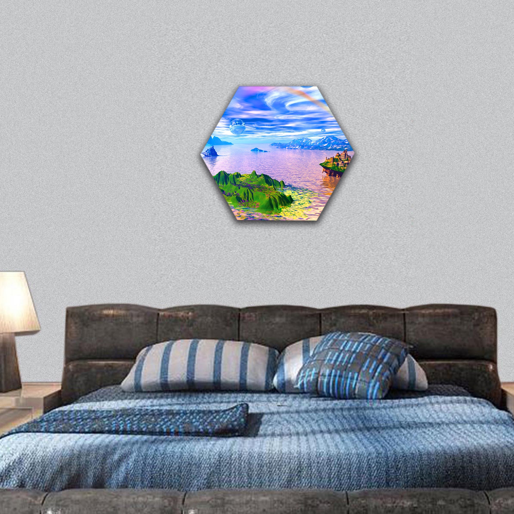 landscape with fantastic islands and areas in clouds hexagonal canvas wall art