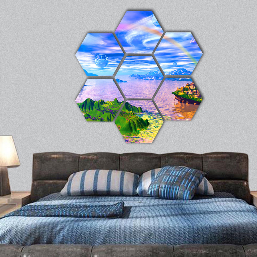 landscape with fantastic islands and areas in clouds hexagonal canvas wall art