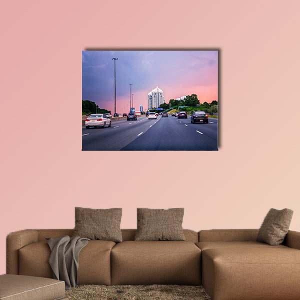 Night traffic, Cars on highway in American city multi panel canvas wall art