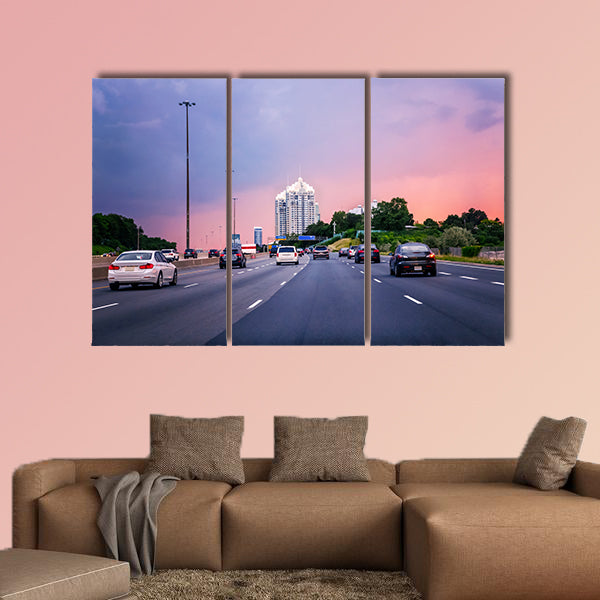 Night traffic, Cars on highway in American city multi panel canvas wall art