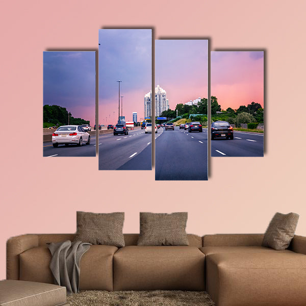 Night traffic, Cars on highway in American city multi panel canvas wall art