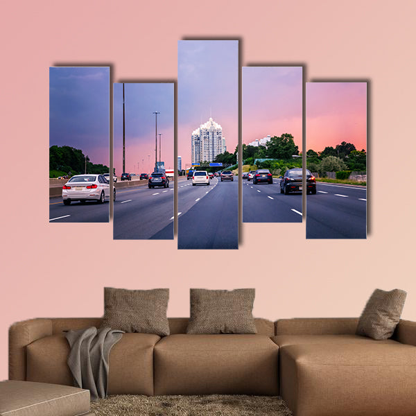Night traffic, Cars on highway in American city multi panel canvas wall art