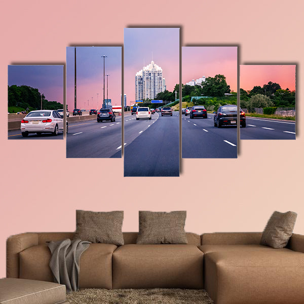 Night traffic, Cars on highway in American city multi panel canvas wall art