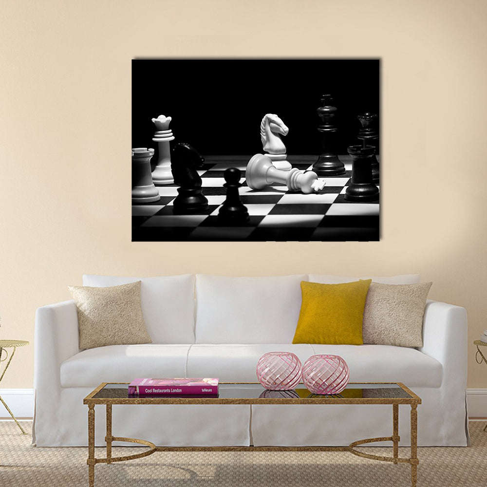 Check mate chess game in black and white multi panel canvas wall art
