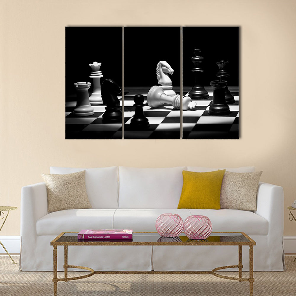 Check mate chess game in black and white multi panel canvas wall art