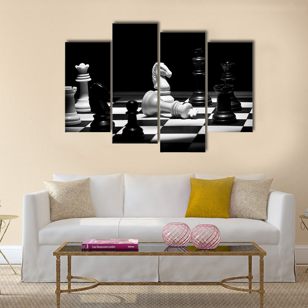 Check mate chess game in black and white multi panel canvas wall art