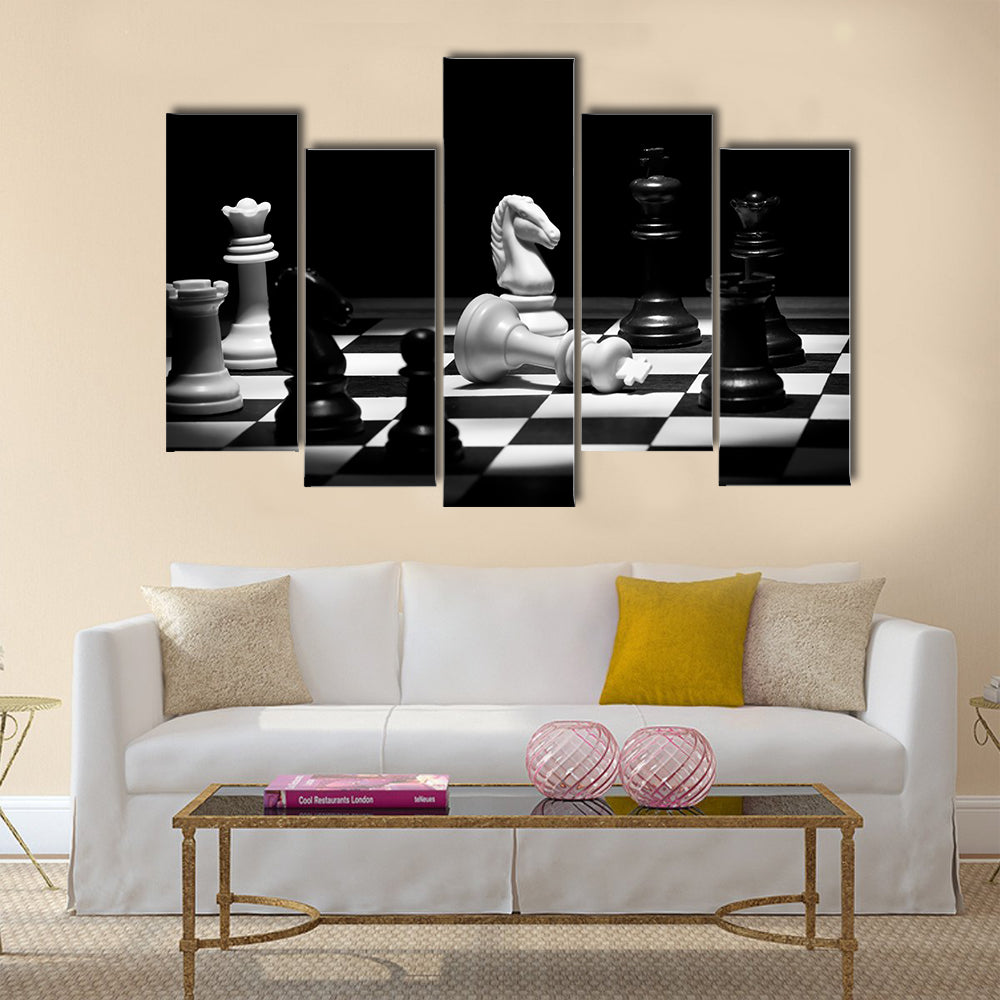 Check mate chess game in black and white multi panel canvas wall art