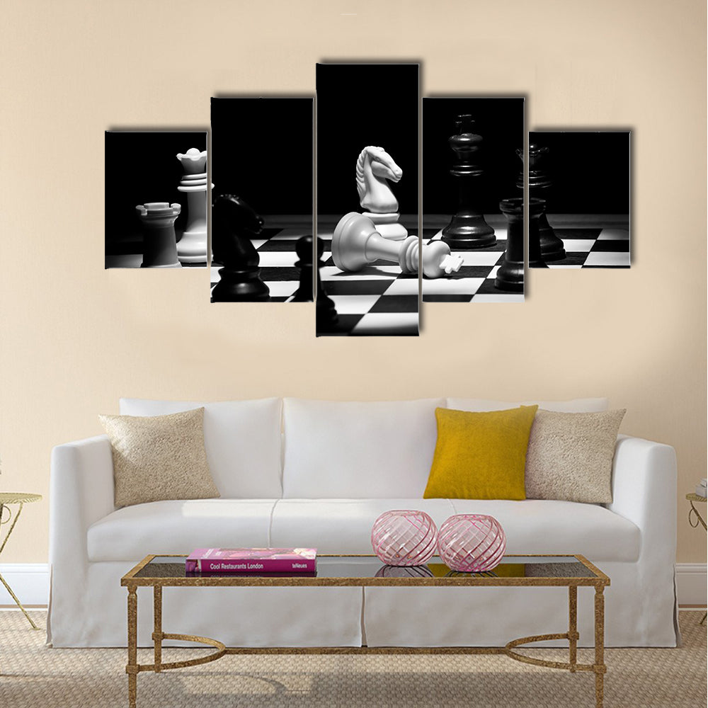 Check mate chess game in black and white multi panel canvas wall art