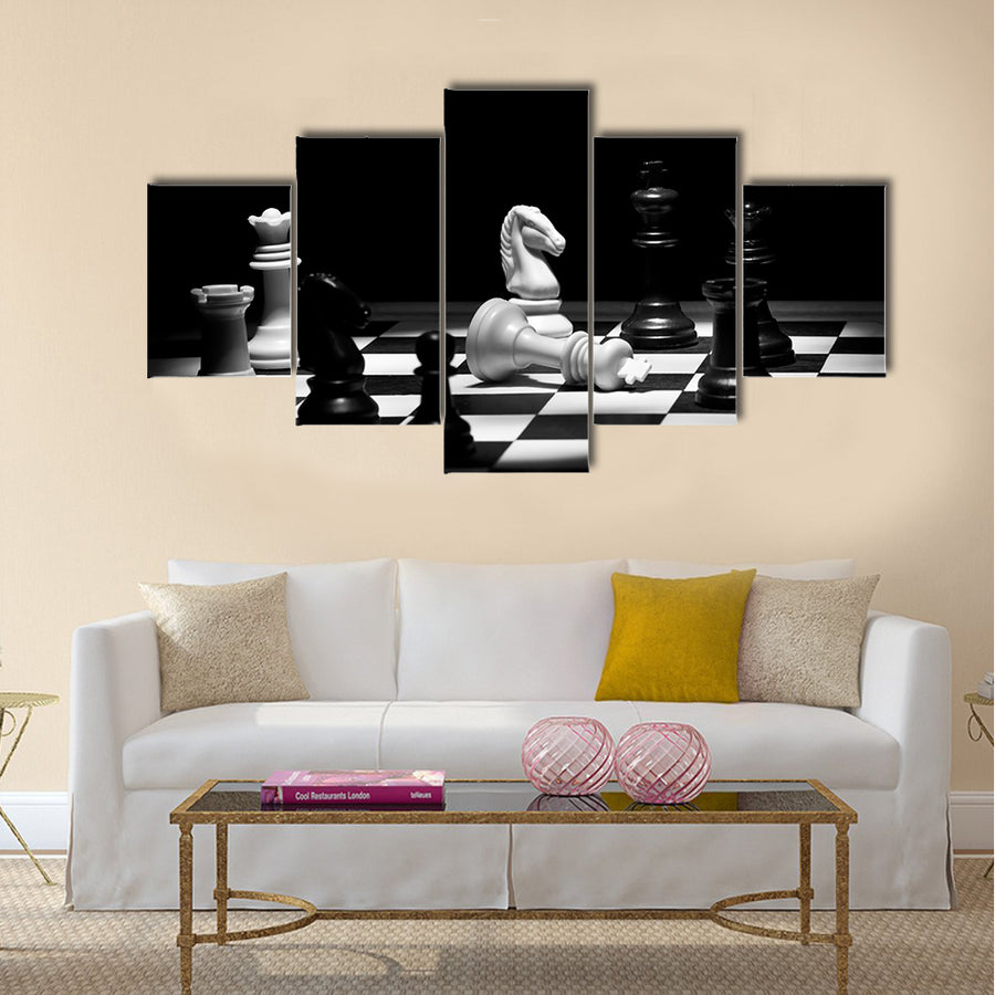 Check mate chess game in black and white multi panel canvas wall art