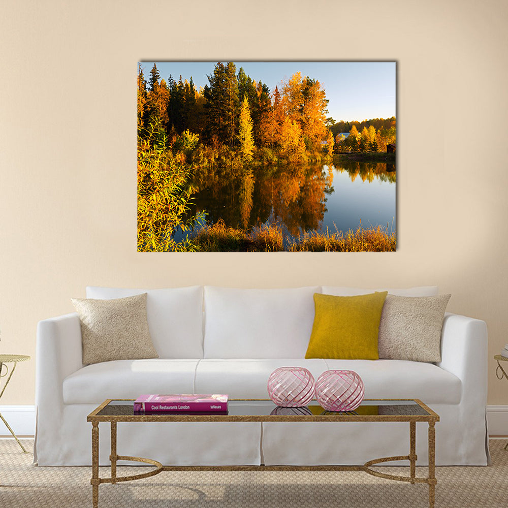 Lake in sunset rays. Autumn landscape multi panel canvas wall art