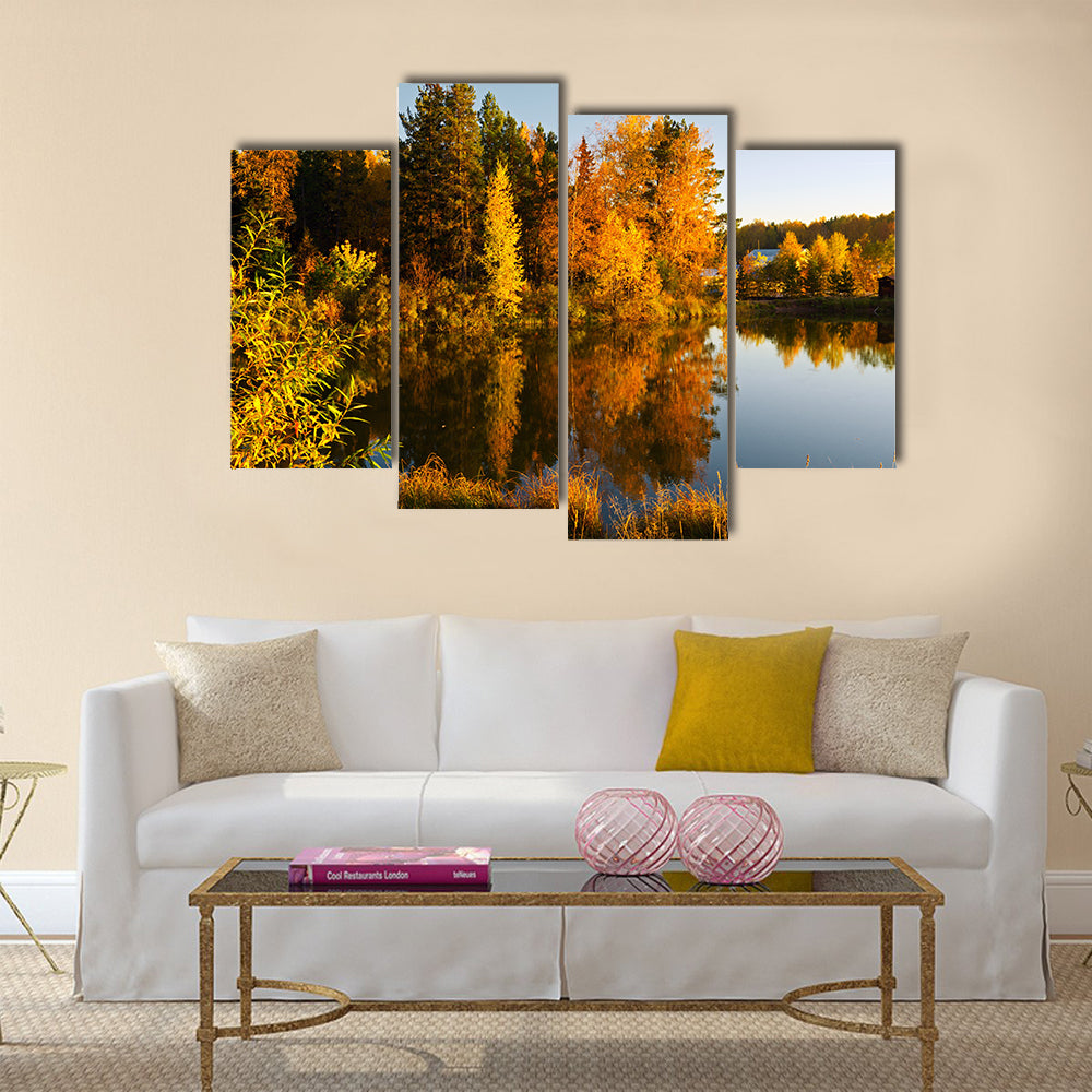 Lake in sunset rays. Autumn landscape multi panel canvas wall art