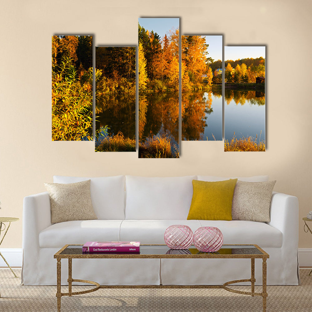 Lake in sunset rays. Autumn landscape multi panel canvas wall art