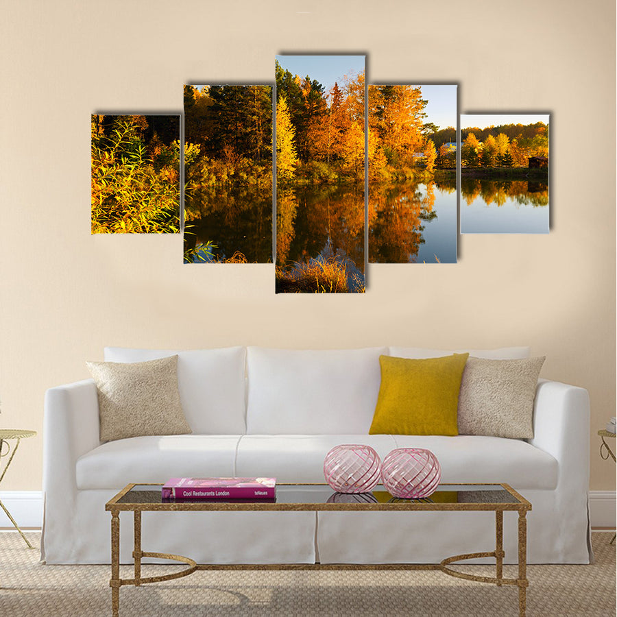 Lake in sunset rays. Autumn landscape multi panel canvas wall art