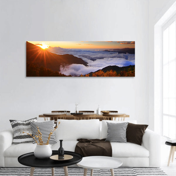 Amazing sunrise and sea of cloud with mountains and tree Panoramic Canvas Wall Art
