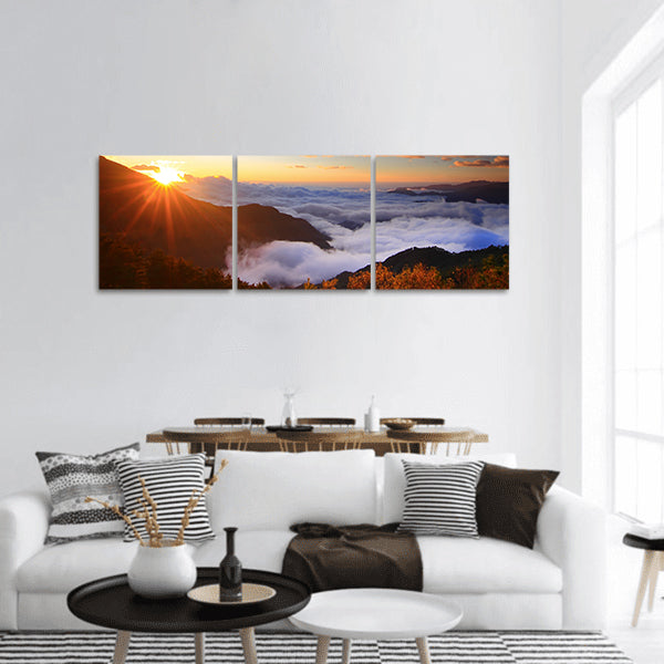 Amazing sunrise and sea of cloud with mountains and tree Panoramic Canvas Wall Art