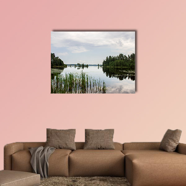 Lake and forest on the shore, a reflection of the sky wall art