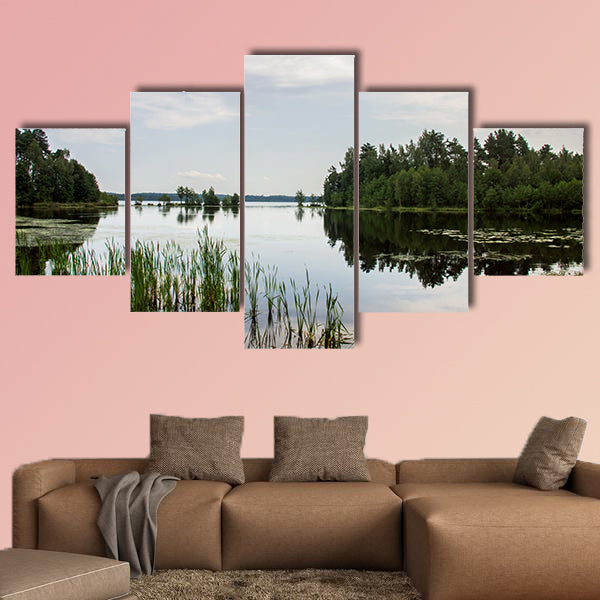 Lake and forest on the shore, a reflection of the sky wall art