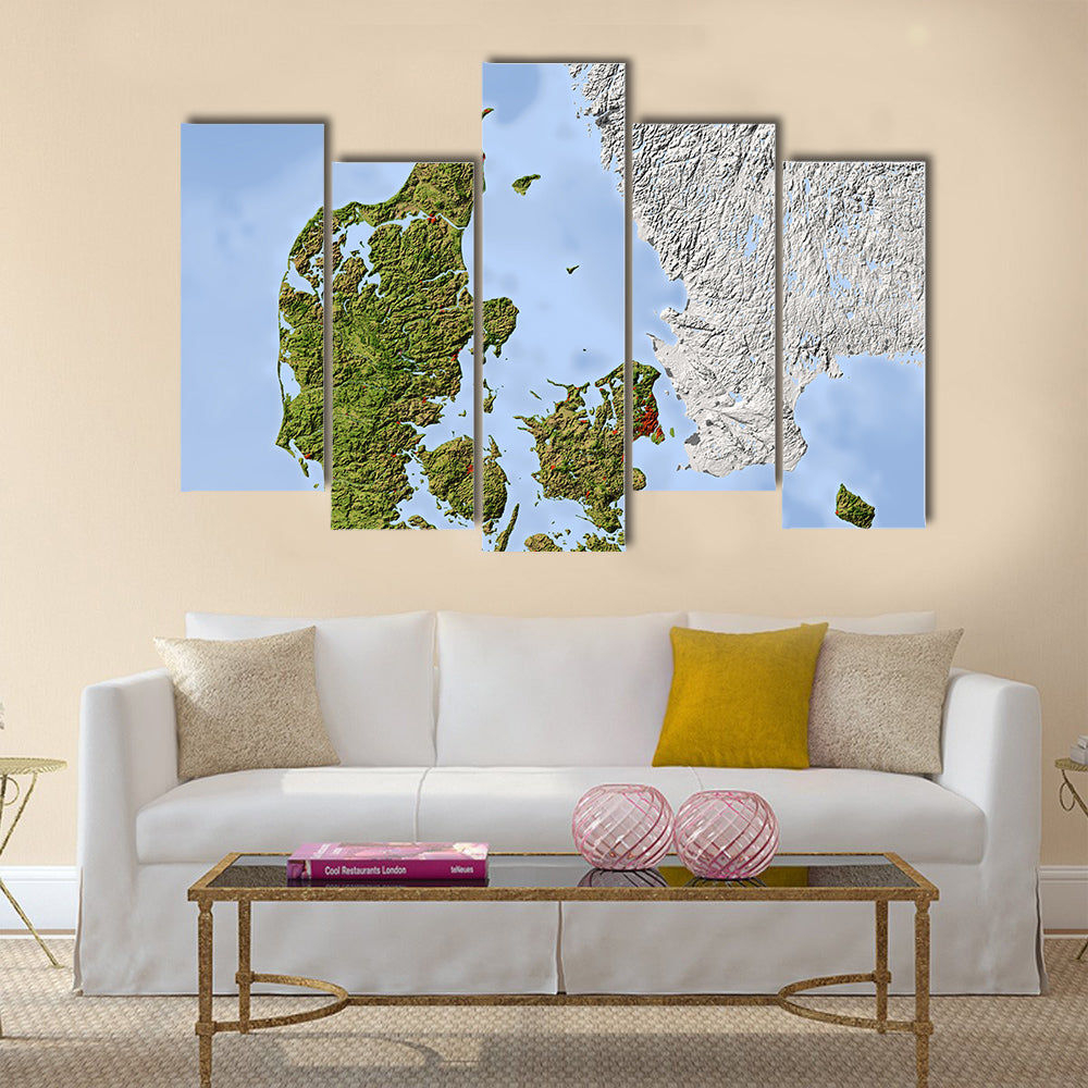 Denmark Shaded relief map Multi Panel Canvas Wall Art