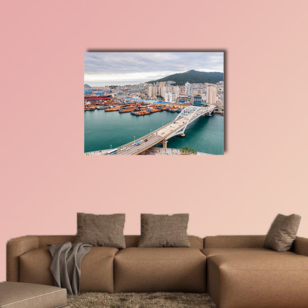 Scenic top view of the Port of Busan and Busandaegyo Bridge multi panel canvas wall art