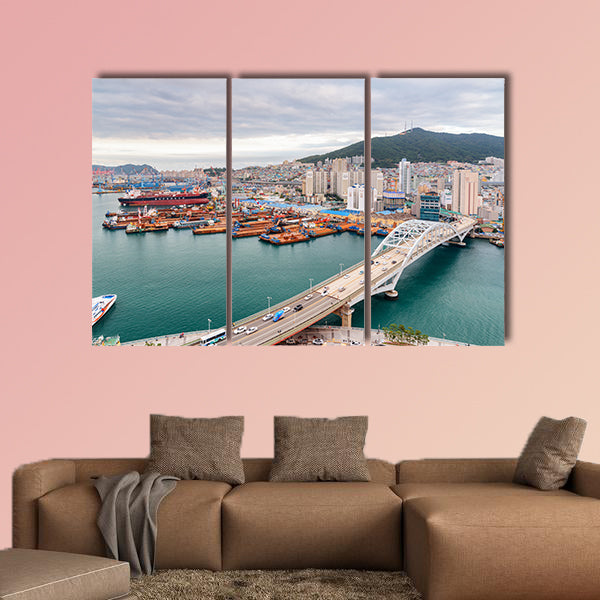 Scenic top view of the Port of Busan and Busandaegyo Bridge multi panel canvas wall art