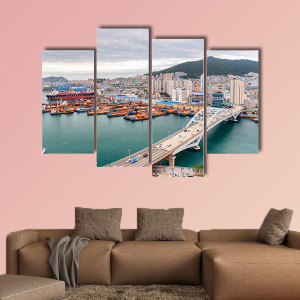 Scenic top view of the Port of Busan and Busandaegyo Bridge multi panel canvas wall art