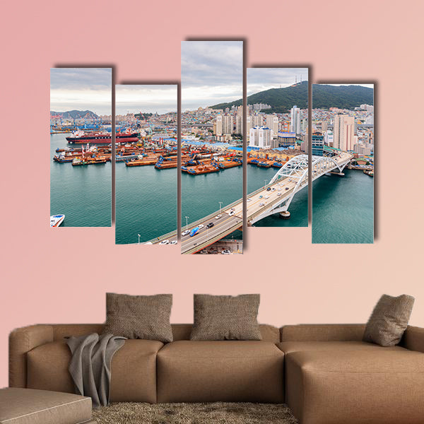 Scenic top view of the Port of Busan and Busandaegyo Bridge multi panel canvas wall art