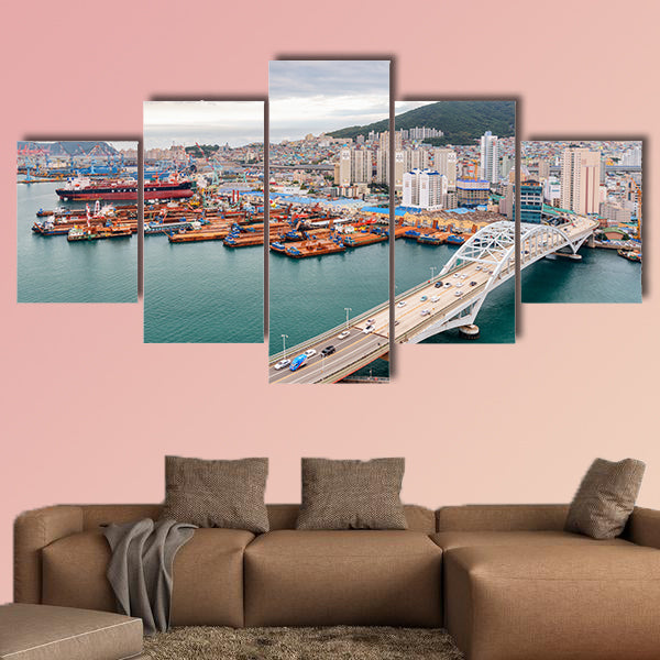 Scenic top view of the Port of Busan and Busandaegyo Bridge multi panel canvas wall art
