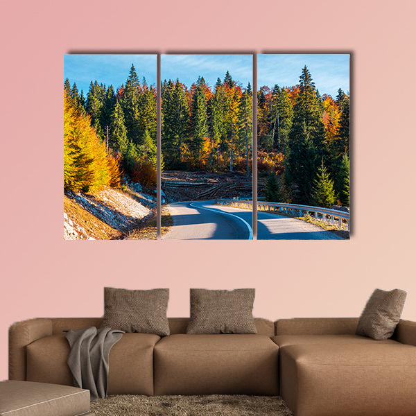 Winding mountain road in autumn forest multi panel canvas wall art