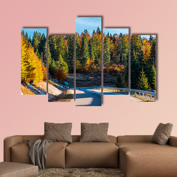 Winding mountain road in autumn forest multi panel canvas wall art