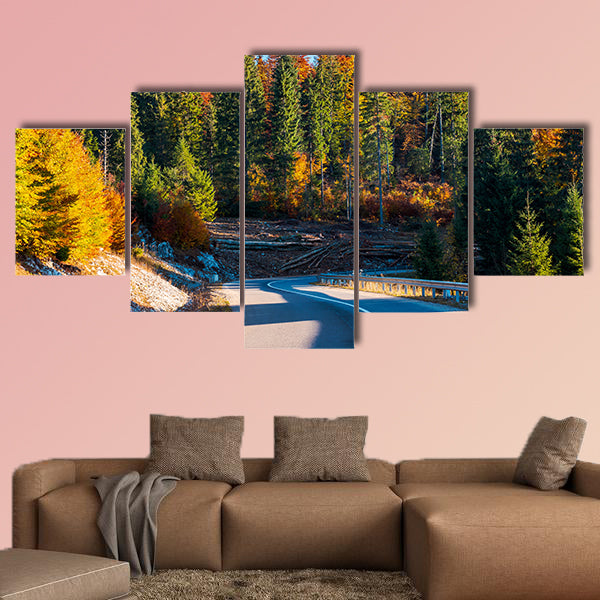 Winding mountain road in autumn forest multi panel canvas wall art