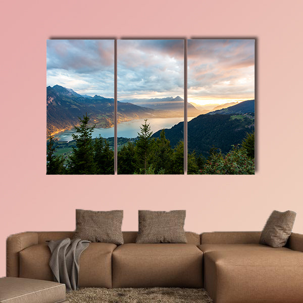 Sunset view of Thun Lake in Interlaken from Harder Kulm multi panel canvas wall art
