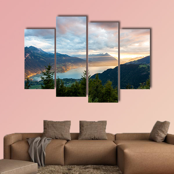 Sunset view of Thun Lake in Interlaken from Harder Kulm multi panel canvas wall art
