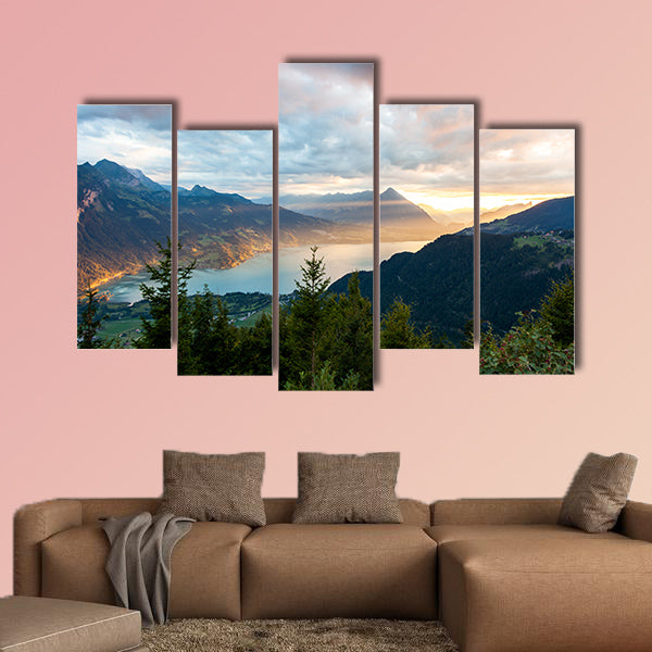 Sunset view of Thun Lake in Interlaken from Harder Kulm canvas wall art