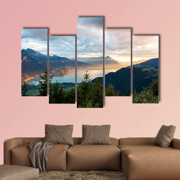 Sunset view of Thun Lake in Interlaken from Harder Kulm multi panel canvas wall art