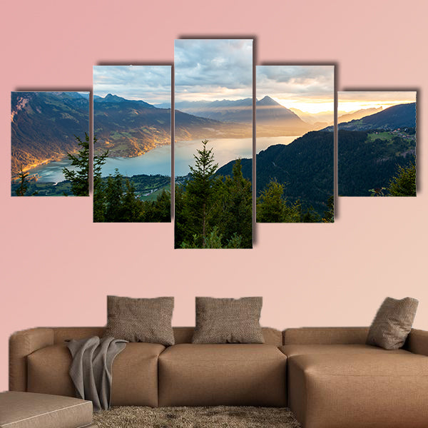 Sunset view of Thun Lake in Interlaken from Harder Kulm multi panel canvas wall art