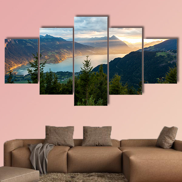 Sunset view of Thun Lake in Interlaken from Harder Kulm canvas wall art