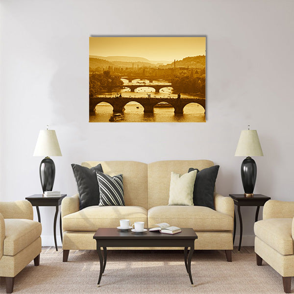 View at The Charles Bridge and Vltava river in Prague Multi Panel Canvas Wall Art