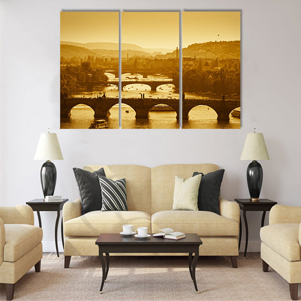 View at The Charles Bridge and Vltava river in Prague Multi Panel Canvas Wall Art
