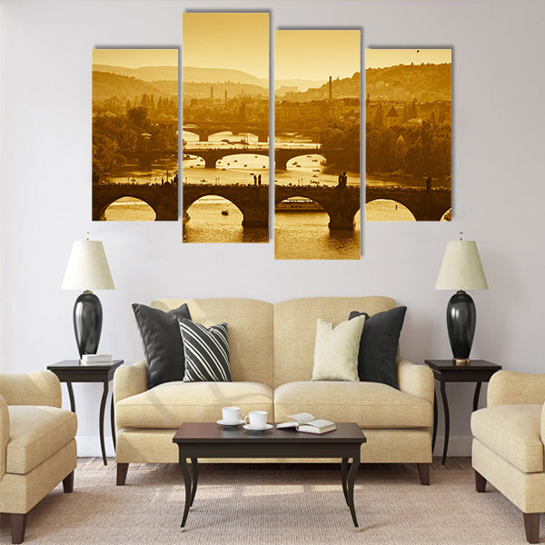 View at The Charles Bridge and Vltava river in Prague Multi Panel Canvas Wall Art