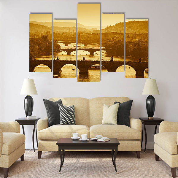View at The Charles Bridge and Vltava river in Prague Multi Panel Canvas Wall Art