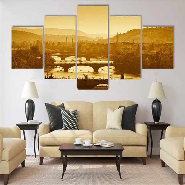 View at The Charles Bridge and Vltava river in Prague Multi Panel Canvas Wall Art