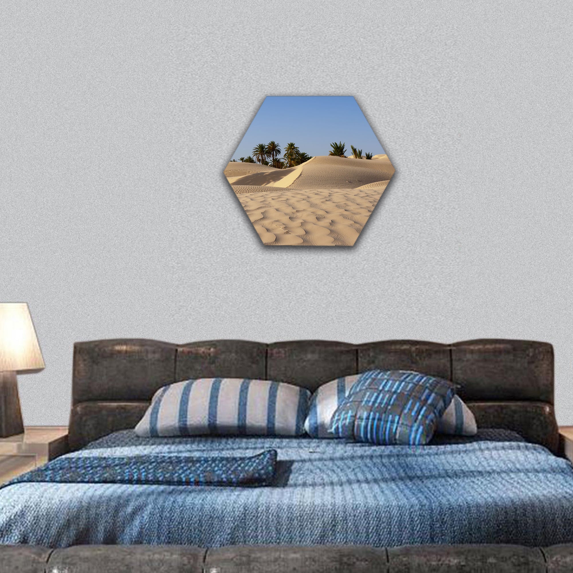 Sand dune and palm tree in the desert hexagonal canvas wall art