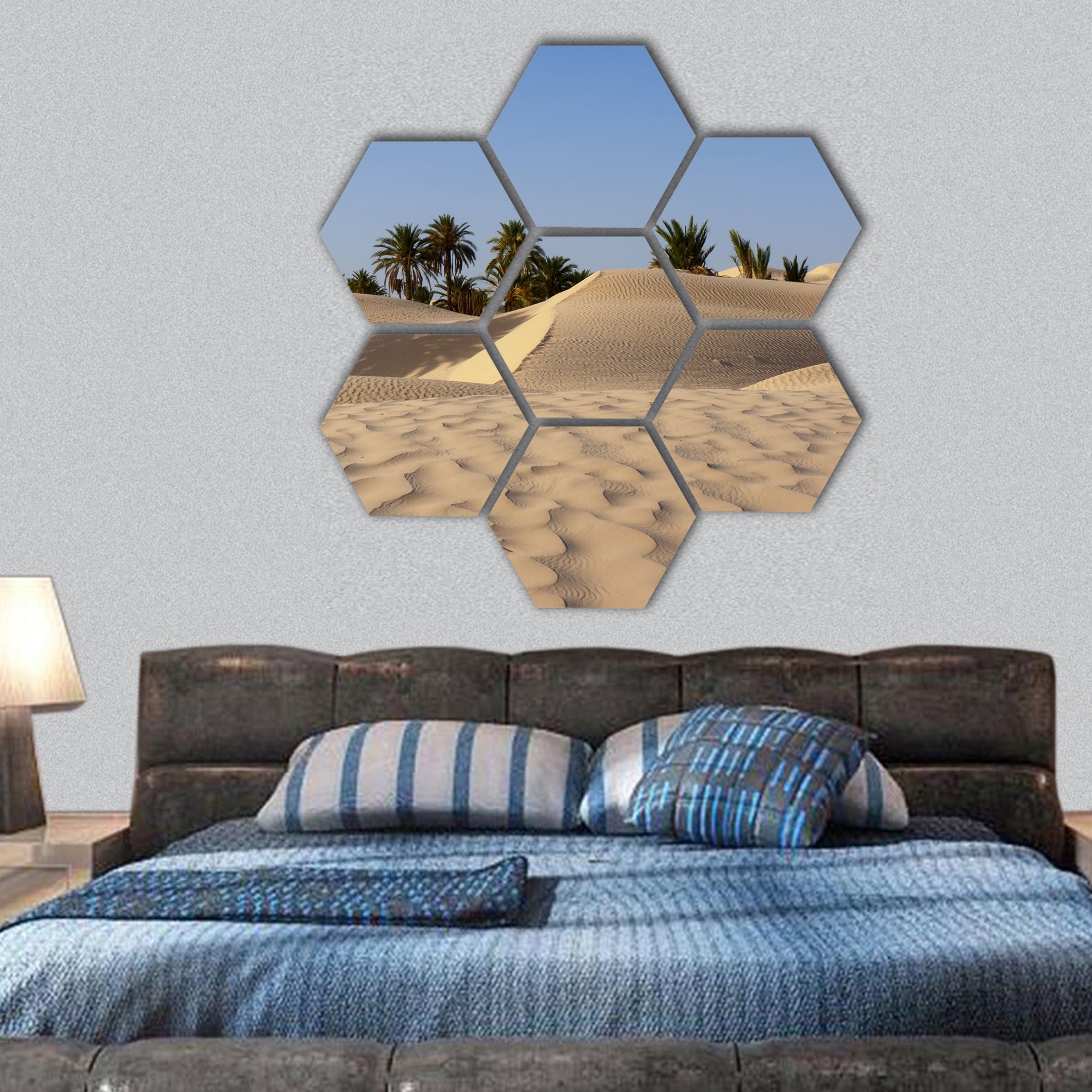 Sand dune and palm tree in the desert hexagonal canvas wall art