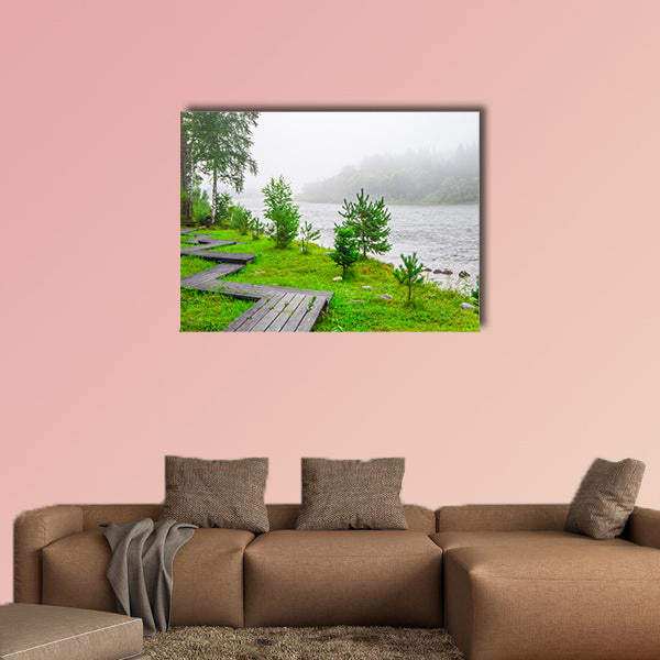  Trails in a foggy forest near water multi panel canvas wall art