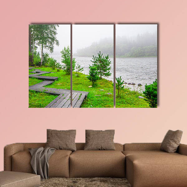  Trails in a foggy forest near water multi panel canvas wall art