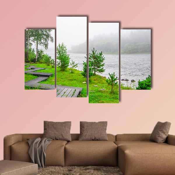  Trails in a foggy forest near water multi panel canvas wall art