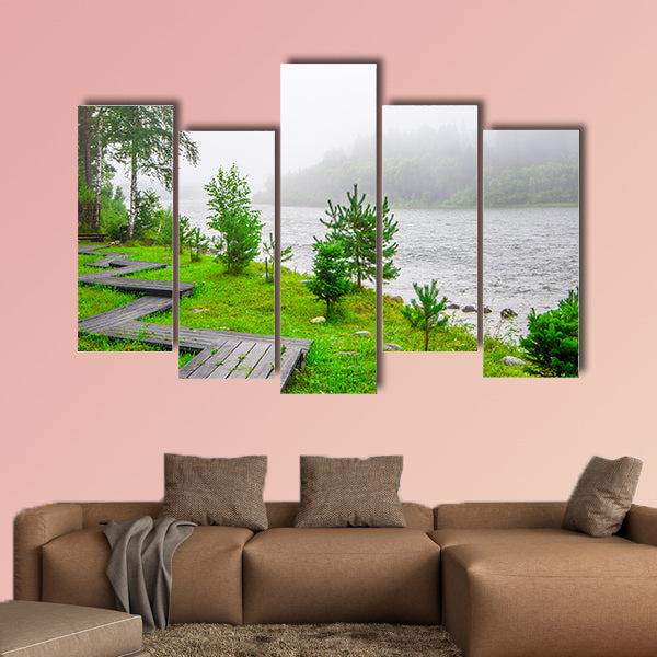  Trails in a foggy forest near water multi panel canvas wall art
